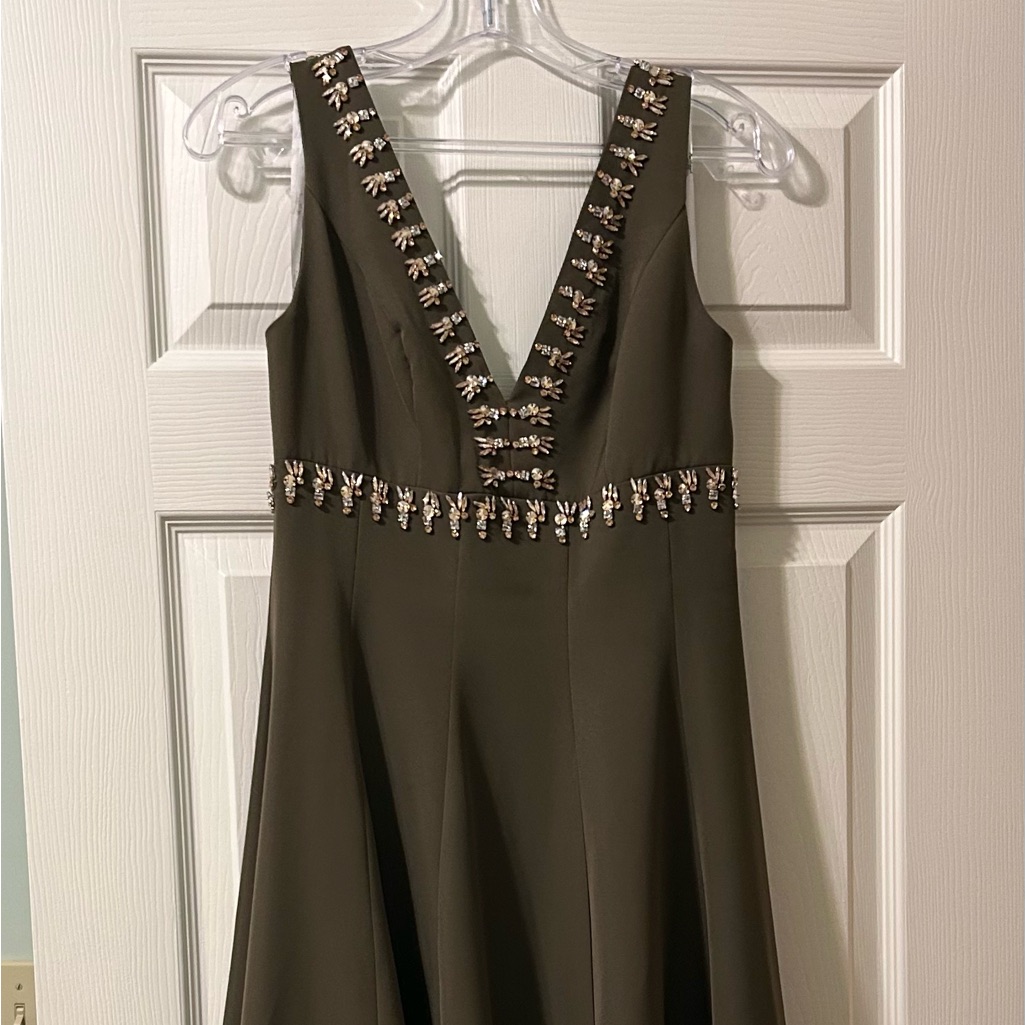 Mac Duggal Olive Midi Dress With Embellished Neckline